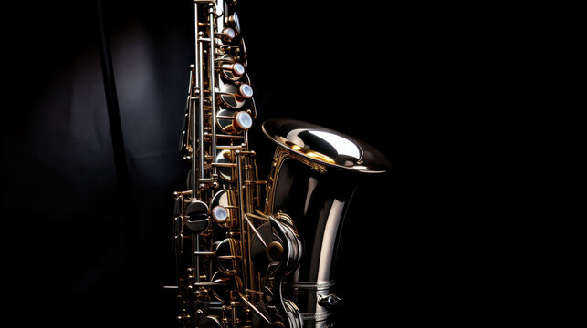 Close up of Saxophone, jazz music. Alto sax musical instrument on black background.