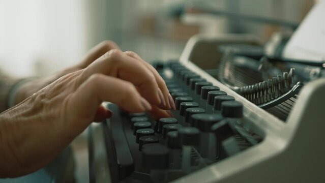 Pretty hands with nude manicure of a woman using mechanical desktop typewriter for typing text. Process of striking an inked ribbon against the paper. High quality 4k footage