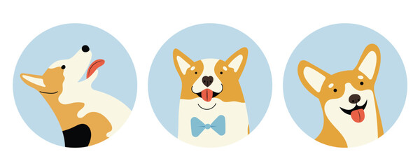 Obraz na płótnie Canvas Circle shape icons with adorable Corgi dogs, hand drawn vector illustration in flat design