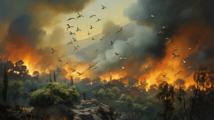 Birds flee wildfires - obrazy, fototapety, plakaty