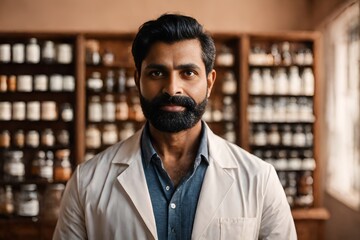 Indian male pharmacist looking at camera