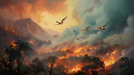 Birds flee wildfires - obrazy, fototapety, plakaty