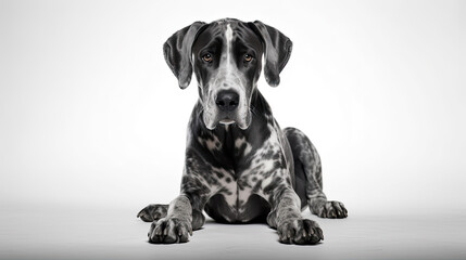 Cute little black Great Dane dog on white background in studio with empty space for text created with Generative AI Technology - obrazy, fototapety, plakaty