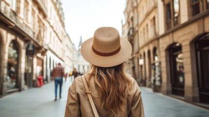 Rear view of young female tourist wearing hat on European street with old buildings