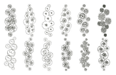 Trees for architectural floor plans. Entourage design. Various trees, bushes, and shrubs, top view for the landscape design plan. Vector illustration.