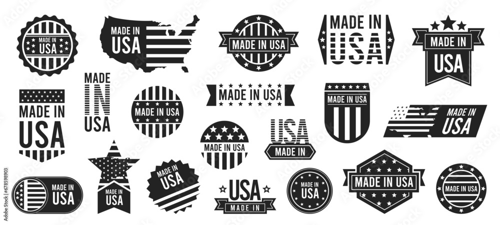 Sticker made in usa stapms black color. retro american flag stamp with text. logo with text and seal. label 