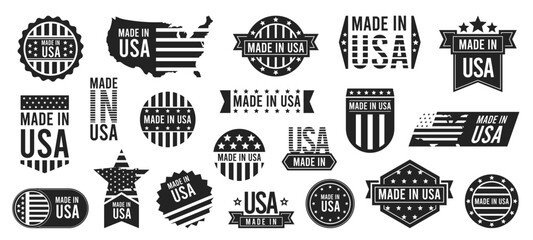Made in USA stapms black color. Retro american flag stamp with text. Logo with text and seal. Label design vector set