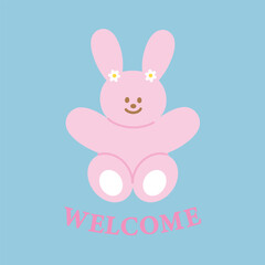 Obraz na płótnie Canvas Pink bunny rabbit with WELCOME letters for greeting card, brand logo, animal icon, pet or vet element, cute sticker, tattoo, cartoon character, print, banner, hello background, happy easter, template