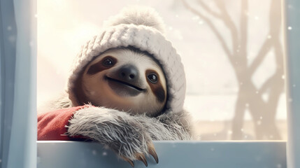 Smiling Sloth in Winter Vibes in a cozy woolen hat and scarf, set in a charming winter atmosphere. Witness the gentle snowfall, bringing the holiday and winter spirit to these enchanting scenes. 
