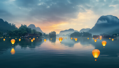 Asian lanterns near the water, Chinese New Year concept