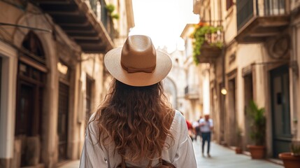 Rear view of young female tourist wearing hat on European street with old buildings