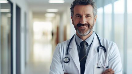 Portrait of Happy male doctor standing with arms crossed in hospital corridor.