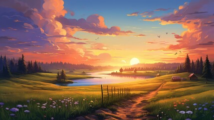 Peaceful landscape with the sun setting