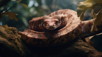 A silent boa constrictor coiled around a tree branch.