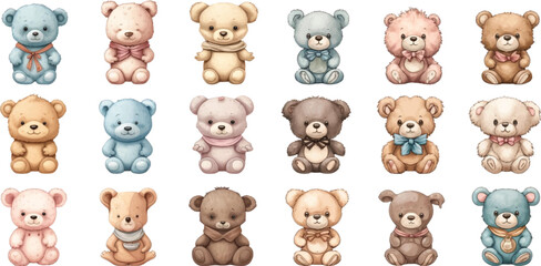 Set of watercolor cute teddy bear illustrations on white background.