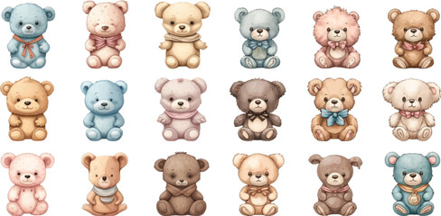 Obraz premium Set of watercolor cute teddy bear illustrations on white background.