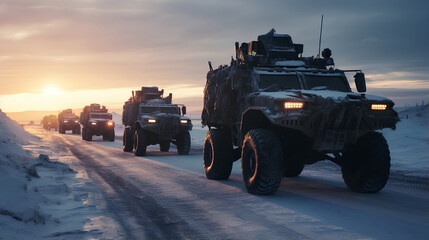 armored vehicle convoy, glowing citadel, setting sun, snow trails, post-apocalyptic survival