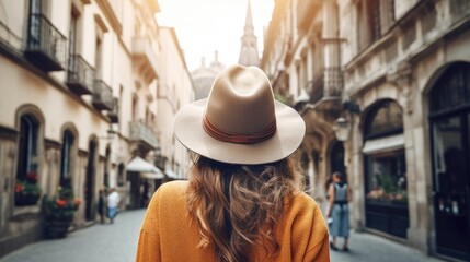 Rear view of young female tourist wearing hat on European street with old buildings