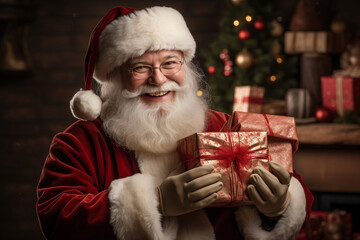 Fototapeta na wymiar Close-up portrait of a smiling and cheerful Santa Claus with New Year and Christmas gifts. Indoor winter holiday atmosphere