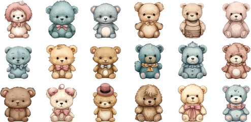 Set of watercolor cute teddy bear illustrations on white background.