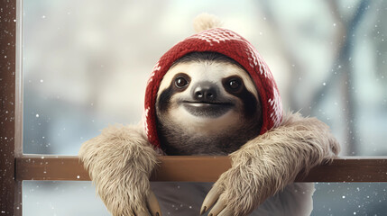 Smiling Sloth in Winter Vibes in a cozy woolen hat and scarf, set in a charming winter atmosphere. Witness the gentle snowfall, bringing the holiday and winter spirit to these enchanting scenes. 
