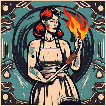 a retro logo rough of a tattooed flash art style pinup woman in the restaurant business. Waitress, chef, cook, owner.