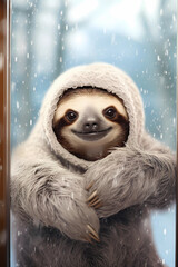 Smiling Sloth in Winter Vibes in a cozy woolen hat and scarf, set in a charming winter atmosphere. Witness the gentle snowfall, bringing the holiday and winter spirit to these enchanting scenes. 