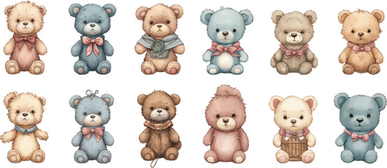 Set of watercolor cute teddy bear illustrations on white background.