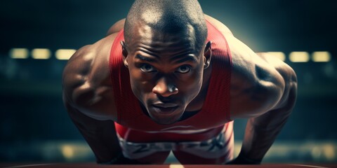 A close-up of a sprinter crouched at the starting blocks, eyes focused intently on the track ahead