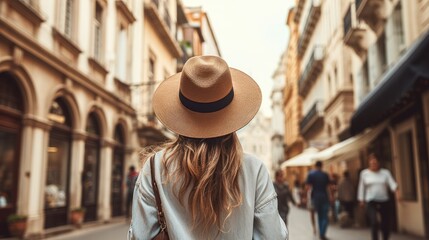 Rear view of young female tourist wearing hat on European street with old buildings