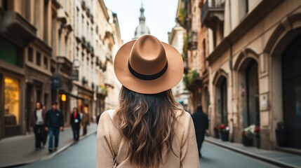 Rear view of young female tourist wearing hat on European street with old buildings