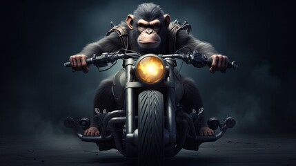 Retro Vector Illustration of an Angry Piston Monkey Biker in a Vintage Helmet Riding a Motorcycle - obrazy, fototapety, plakaty