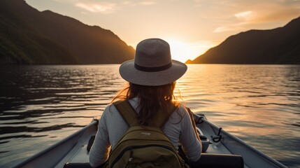 Rear view of young woman traveler with backpack on boat among mountains enjoying sunset