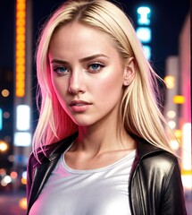 Fototapeta premium Attractive blonde in a leather jacket,generative ai