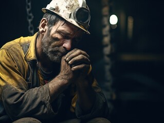 Strong Mining Worker in Solitary Prayer for Progress.