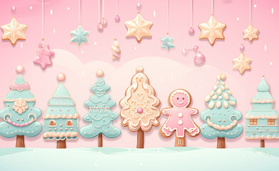 Enchanting Holiday Delights: Festive Christmas Cookies in a Whimsical Pastel Scene. A sugar-coated magical Christmas world. 