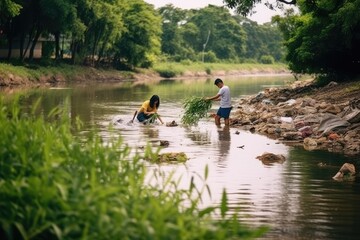 A community picking up garbage plastic for cleaning river event 
