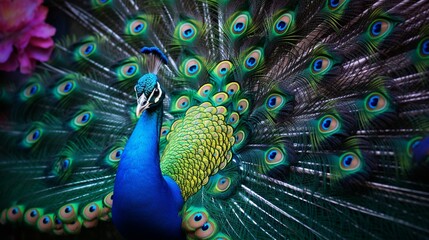 A striking peacock displaying its iridescent feathers.