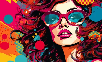 Poster Melody in Colors: A vibrant pop art celebration of music and joy with a young woman with glasses      © Curioso.Photography
