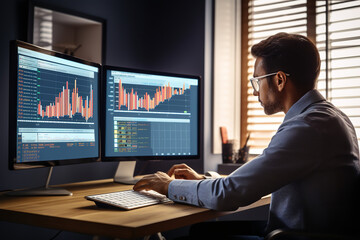 An actuary is focused on analyzing complex insurance data displayed on a dual-monitor computer setup in an office.