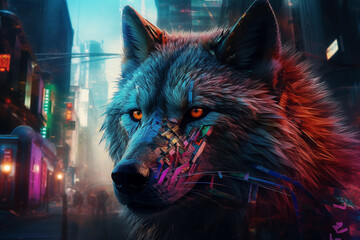 Cyberpunk Wolf in a City