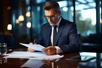  An insurance underwriter is thoroughly reviewing documents and financial statements at their office workspace.