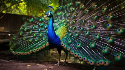 Obraz premium A striking peacock displaying its iridescent feathers.