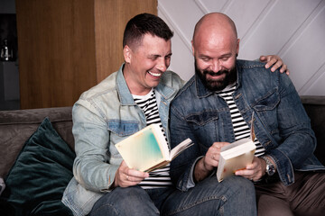 An attractive adult gay couple and their vacation together. Love and relationship between two men.