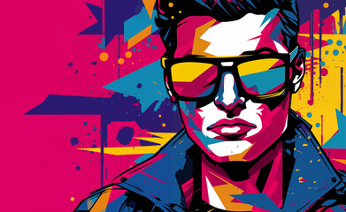 Nineties Revival: Dynamic Pop Art Fusion with Retro Vibes Featuring a Fashionable Man in Glasses