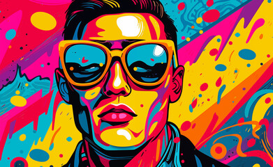 Fototapeta na wymiar Nineties Revival: Dynamic Pop Art Fusion with Retro Vibes Featuring a Fashionable Man in Glasses