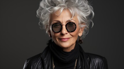 Shooting with gorgeous gray-haired senior woman. Stylish and well-groomed elderly mature woman. Positive single old age model. Natural old beauty and aging concept.