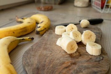 Sliced banana on the table at the kitchen