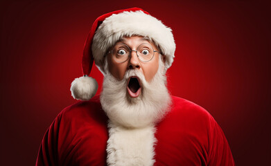 Hilarious Holiday Banner Featuring Santa's Unexpected Surprise. Shocked Santa Claus on a Red Background.