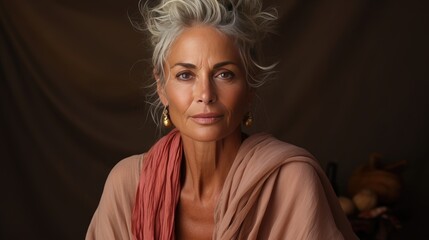 Fototapeta premium Shooting with gorgeous gray-haired senior woman. Stylish and well-groomed elderly mature woman. Positive single old age model. Natural old beauty and aging concept.